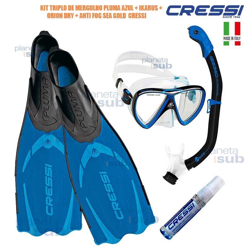 Kit de Mergulho Cressi: Máscara + Respirador Focus + Orion Dry - Adulto